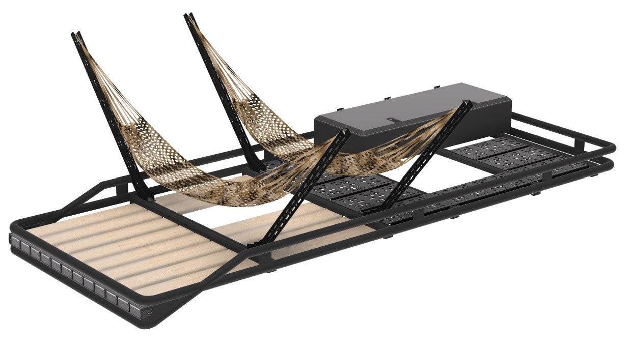 Dachträger Roofrack mit Anbauteilen wie Hängematten Halter, Aluminium Cargobox, Holz Inlays, Lightbar und Trittblechen für Transit Sprinter Ducato Crafter TGE